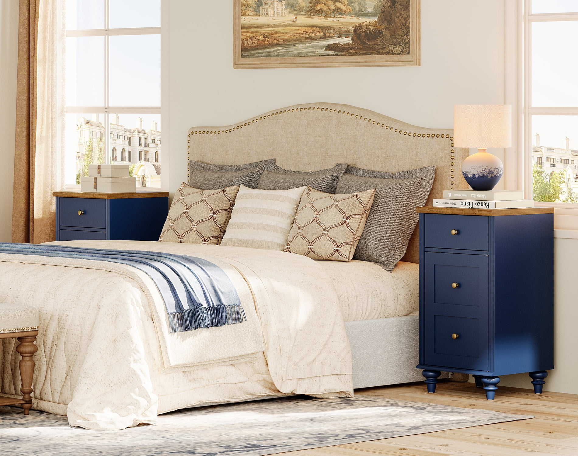 End Table with Charging Station, Nightstand with Power Outlets & USB Ports, Navy Blue, 2 PCS