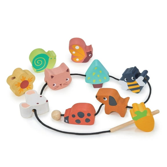 Mentari Toys - Garden Threading Beads - Wooden Lacing Beads - Animal and Floral Beads - Ages 3
