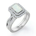 thumbnail image 4 of JeenMata Dual Halo Twisted Pave Set - 2 Carat Emerald Cut Genuine Fiery Opal and Moissanite - Edwardian Wedding Set - 18K White Gold Plating over Silver, 4 of 7