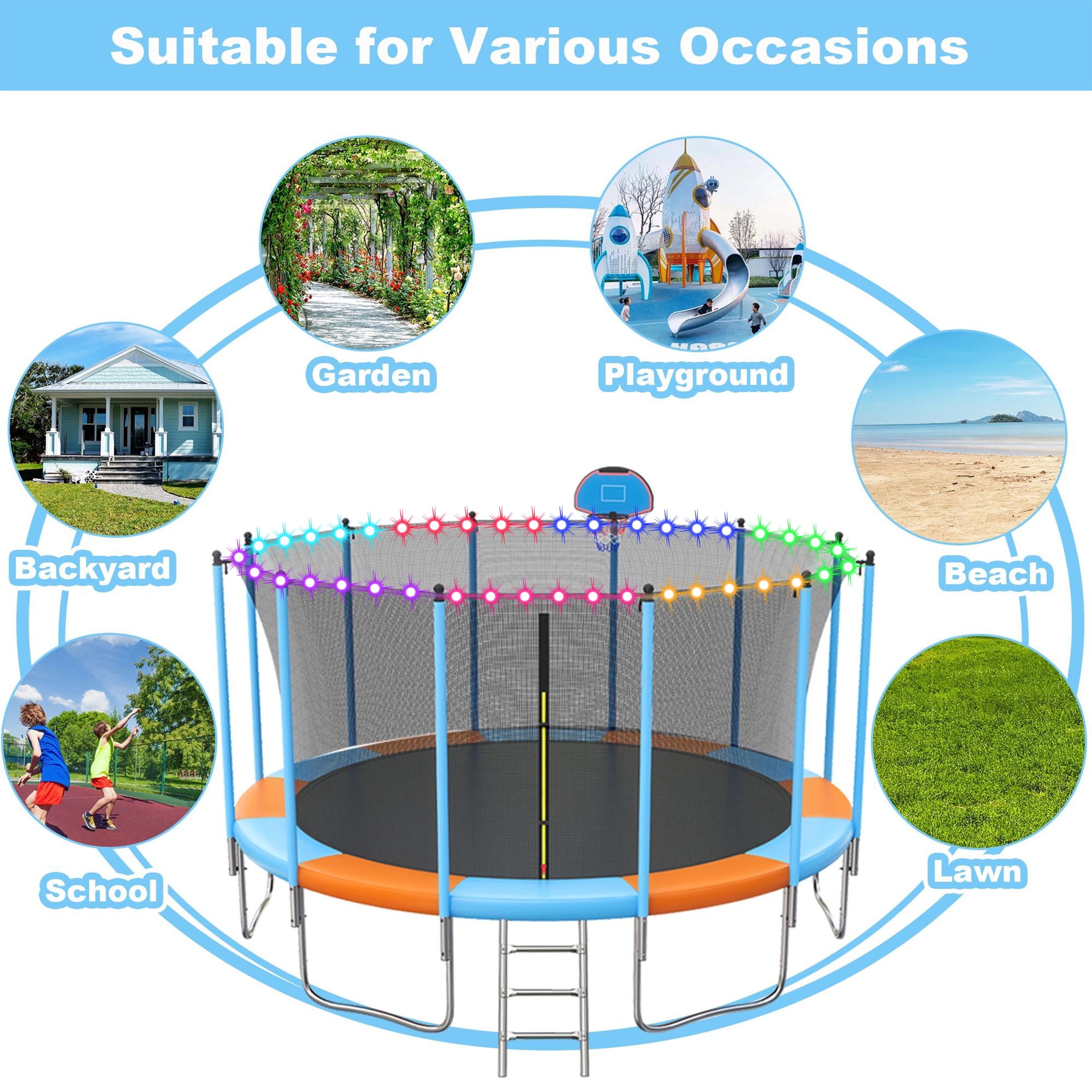 Trampoline for Adults and Kids with Safety Enclosure , 16ft SEGMART Upgrade Outdoor Trampoline with Basketball Hoop and LED Lights, Heavy Duty Round Trampoline with Ladder and Sprinkler for Outdoor