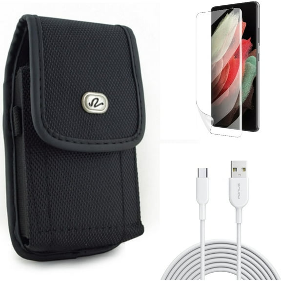 Case Belt Clip & Matte Screen Protector & 6ft USB-C Cable for Samsung Galaxy S22 Plus (S22 ) - Combo Rugged Holster & TPU Film Anti-Glare & Type-C Fast Charger Cord