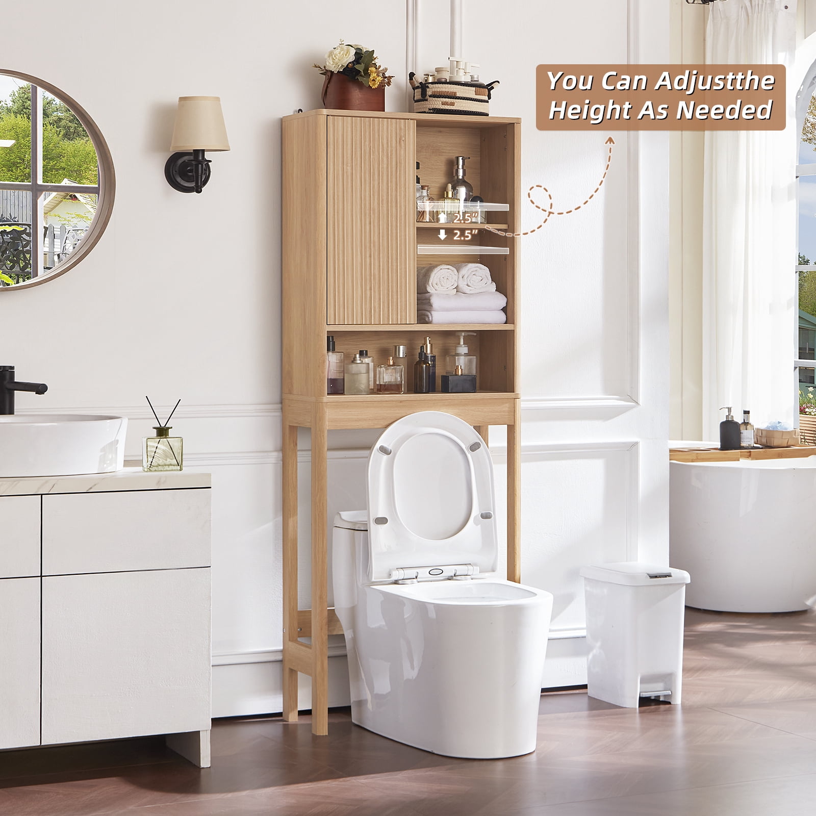 LELELINKY Over The Toilet Storage Cabinet with Rattan Sliding Door, 68" Tall Wood Bathroom Organizer with Adjustable Shelf for Small Spaces, Natural