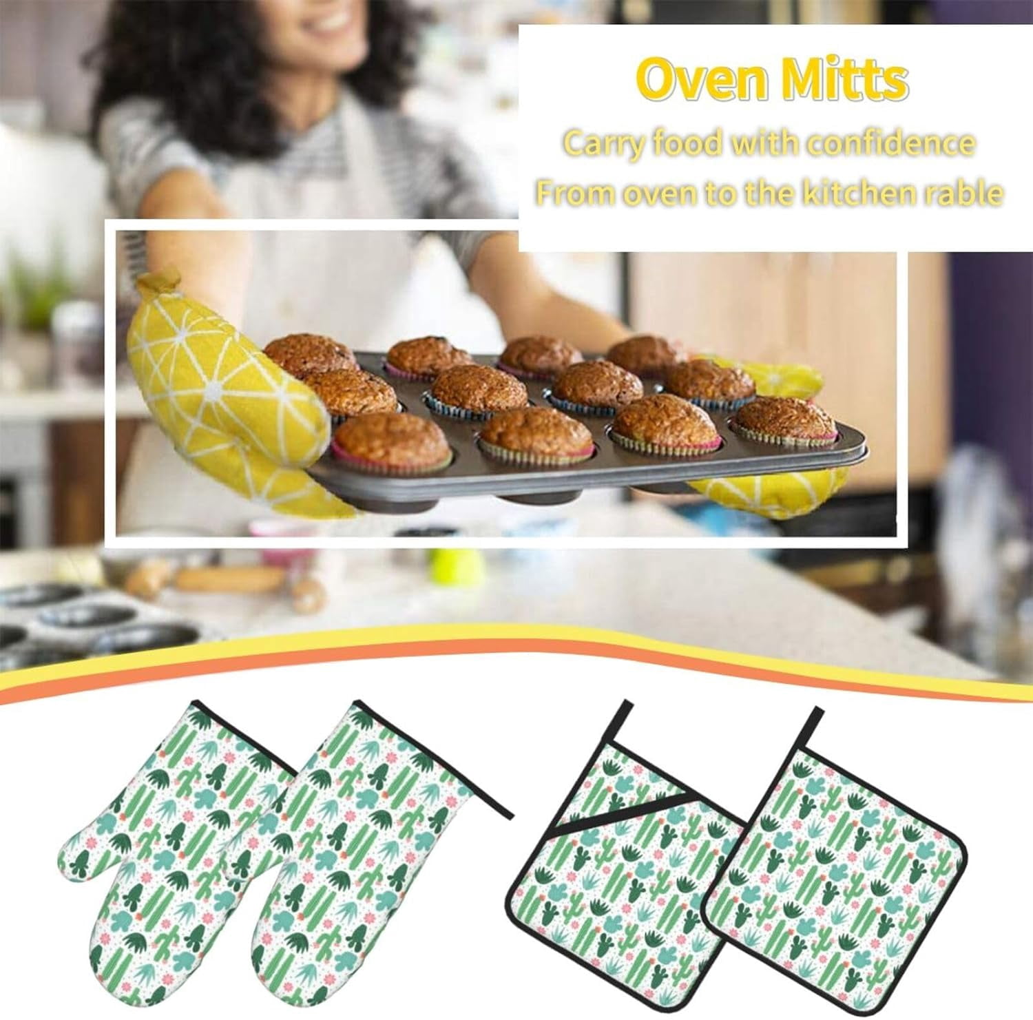 Cactus Oven Mitts Pot Holders Set of 4, Kitchen Gloves Potholders Heat Resistant for Chef Baking Cooking Grilling BBQ