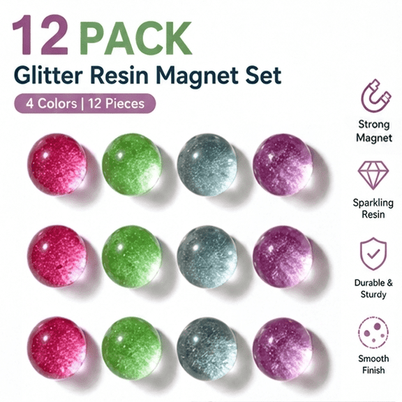 Sugar Swan 12-Pack Resin Fridge Magnets, 17mm Small Shimmering Sphere Decorative Whiteboard Magnets, 4-Color Glitter Ball Set for Refrigerator, Office, Locker, and Calendar