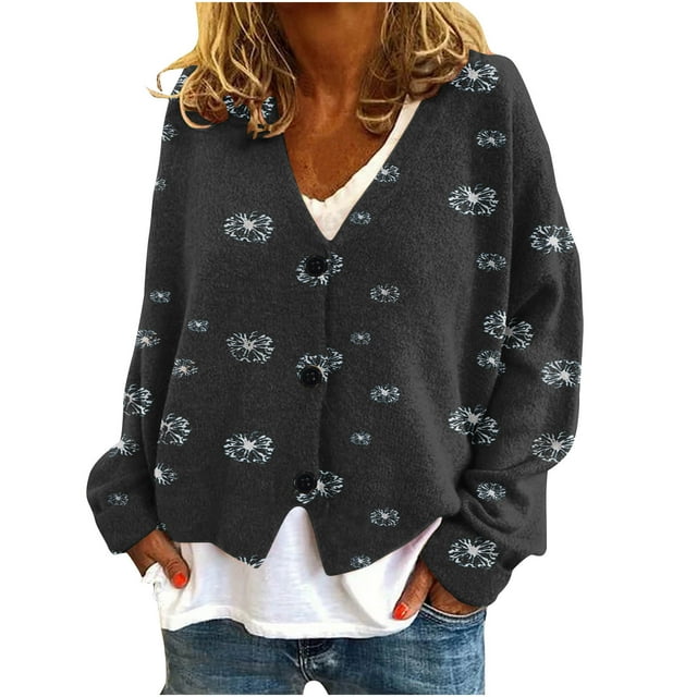 WRKEKC Botanical Print French Wool Plush Jacket Button Front Fall Winter Soft Coat with Pockets for Coffee Run and Weekend Style Black XXL