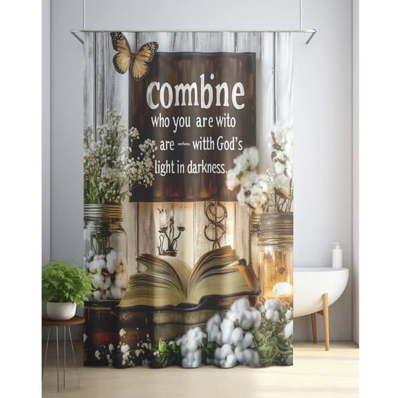 Rustic Vintage Wooden Cross and Inspirational Quote Shower Curtain with Soft Floral Decoration - Polyester, Washable, Contains 12 Hooks, Bathroom Decor, Inspirational Bathroom | Rustic Vintage Style