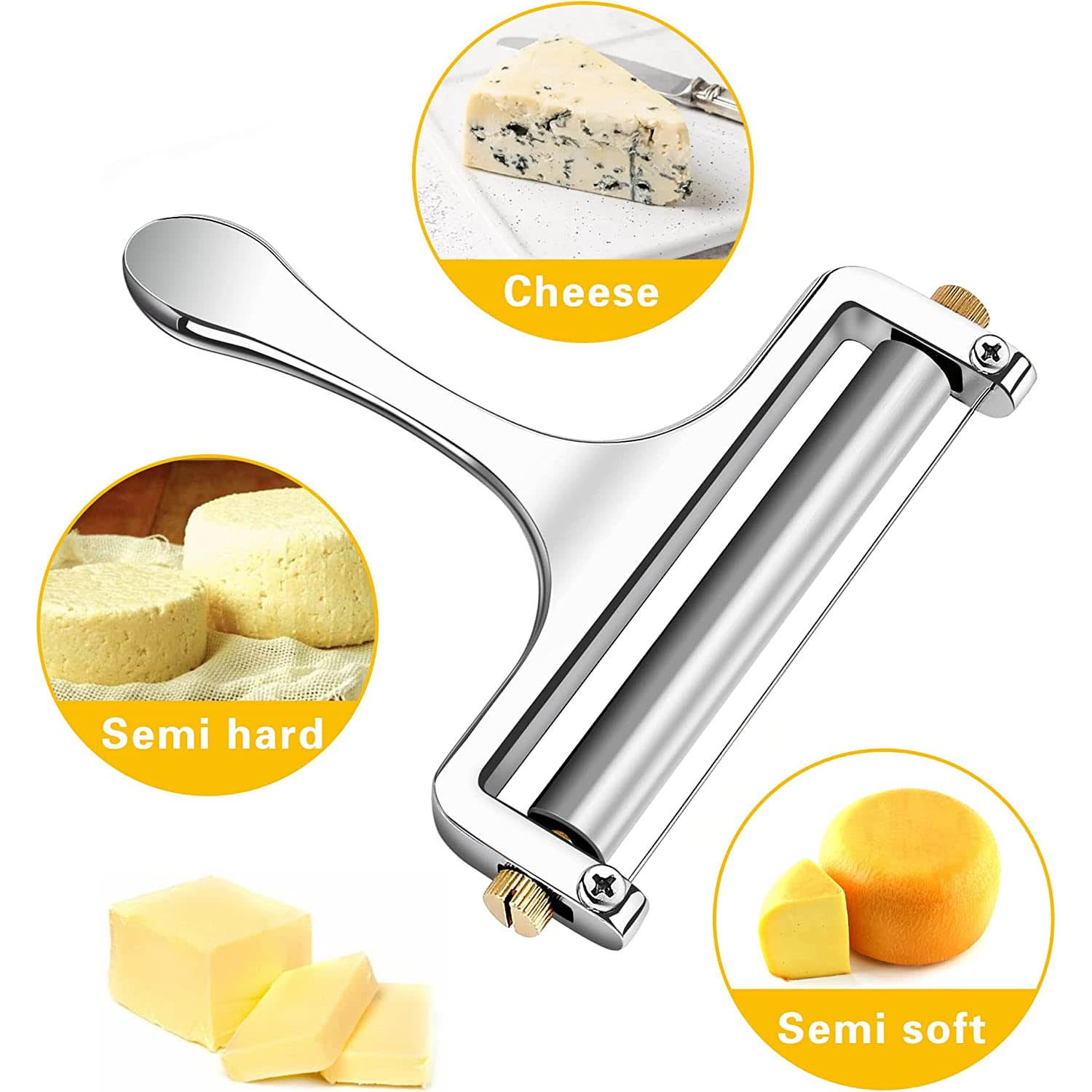 Bellemain Stainless Steel Wire Cheese Slicer - Hand Held Cheese Cutter for  Cheddar, Gruyere, Raclette, Mozzarella Cheese Block, Adjustable Cheese