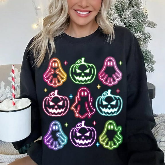 Coquette Halloween Sweatshirt, Neon Ghost and Pumpkin Shirt with Girly Bow, Spooky Season Social Club SWEAT Sweatshirt, Trendy Fall Graphic for Women BO120784