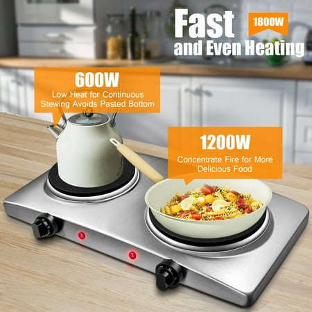 Costway - 1800W Double Hot Plate Electric Countertop Burner Stainless Steel 5 Power Levels - Silver