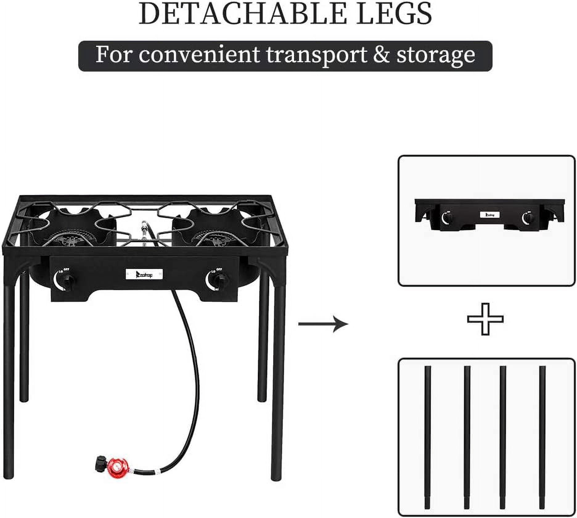 QXDRAGON Propane Double Burner Two Burner Camp Stove Outdoor High Pressure Propane 2 Burner Adjustable PSI Regulator and 4ft Leather Hose with Removable Legs