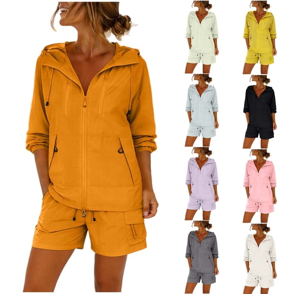 Gealkoca Women's UPF 50 Sun Shirts UV Protection Long Sleeve Jacket with Hooded Summer Shorts Set Hiking Fishing Suit Womens Loose Outdoor Sports Set
