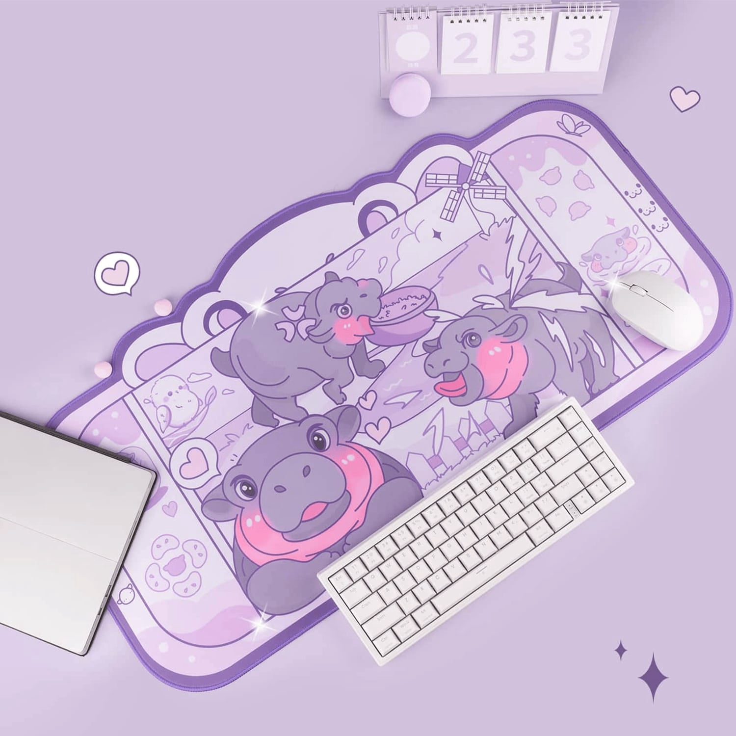 Moo Deng Baby Hippo Desk Mat | Kawaii Cute Pastel Large Gaming Mouse Pad