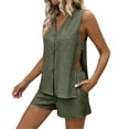thumbnail image 3 of tarylea Cotton Linen 2 Piece Outfits for Women Sleeveless Side Slit Button down Tank Tops Elastic Waist Shorts Casual Summer Trendy Cute Sets, 3 of 9