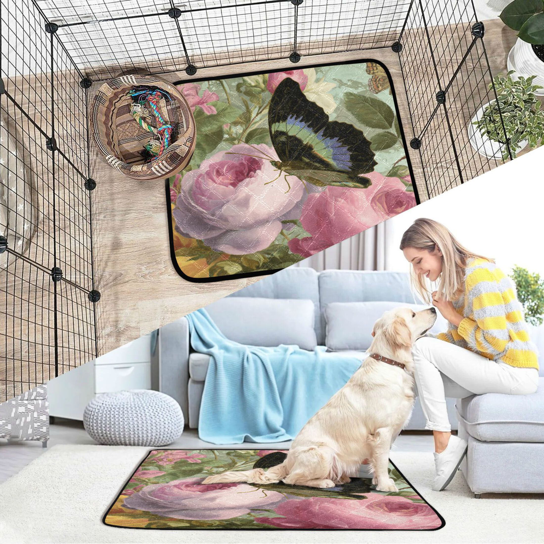 Qxltty Retro Butterfly Cat litter Pads Pet Set of 3 Diaper Mats Center Anti-leakage Layer Absorbent Soft and Comfortable