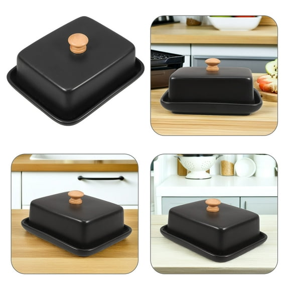 OUNONA Black Ceramic Butter Dish with Lid for Decor Elegant Storage Solution for Cheese and Butter 6.5 Inches