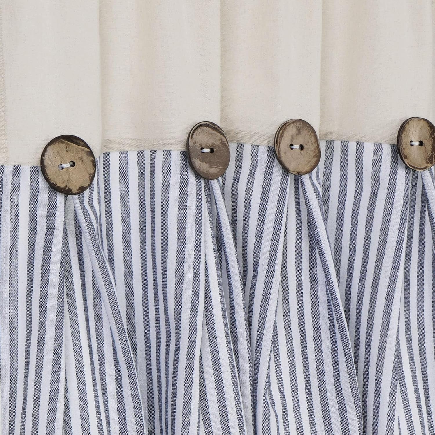 Cotton Linen Farmhouse Kitchen Curtains 24 Inch Boho Rustic Button Tier Curtains Natural/Blue Stripe Color Block Curtain Rod Pocket Small Window Curtain for Cafe Bathroom Bedroom Drapes