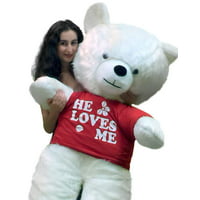 Big Plush 54 Inch Giant White Teddy Bear Soft Made in USA, Wears HE LOVES ME T-shirt