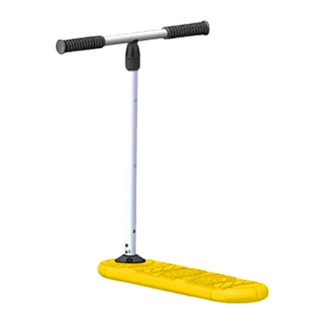 patinete de trampolín para niños, equipo de trucos para mejorar el equilibrio, juguete divertido, patineta de trampolín, patinete divertido para no ajustar 71cm vista frontal centrada de patinete-trampolín con manillar en T plateado y empuñaduras negras, tubo vertical plateado según la ficha, plataforma acolchada amarilla de 50 x 14 cm con textura antideslizante; diseñado para practicar equilibrio y trucos en interiores y exteriores, fabricado en aleación de aluminio XPE; a menudo también se usa para ejercicios lúdicos de coordinación en clases y entrenamientos informales.