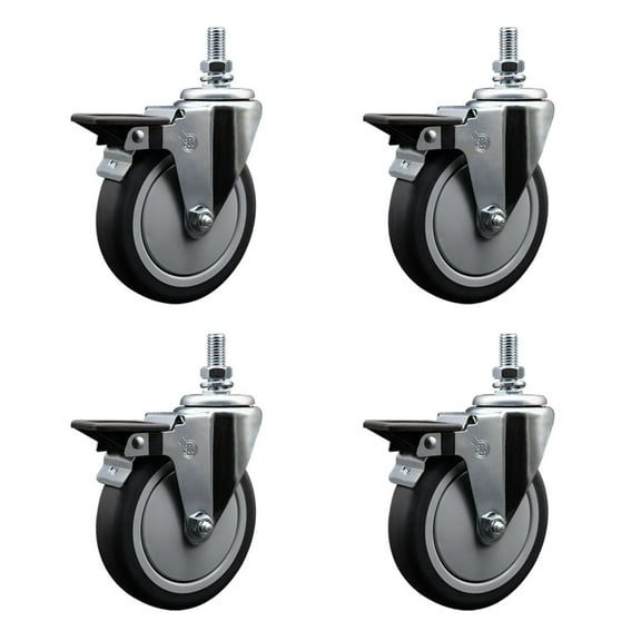 5 Inch Thermoplastic Rubber ½ Inch Threaded Stem Caster Set with Brake