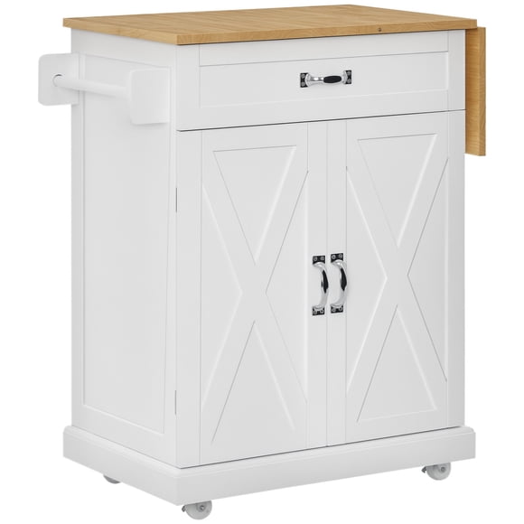Foldable Kitchen Island Cart with Storage - White Farmhouse Utility Rolling Cart, 36" x 17.1" Drop-Leaf Wood Top for Kitchen, Coffee Bar & Entryway Storage
