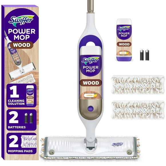 Swiffer PowerMop Wood Mop Kit for Wood Floor Cleaning, QuickDry Solution with Lemon Scent, Mopping Kit Includes PowerMop Wood, 2 Mopping Pad Refills, 1 QuickDry Wood Floor Cleaning Solution with Lemon
