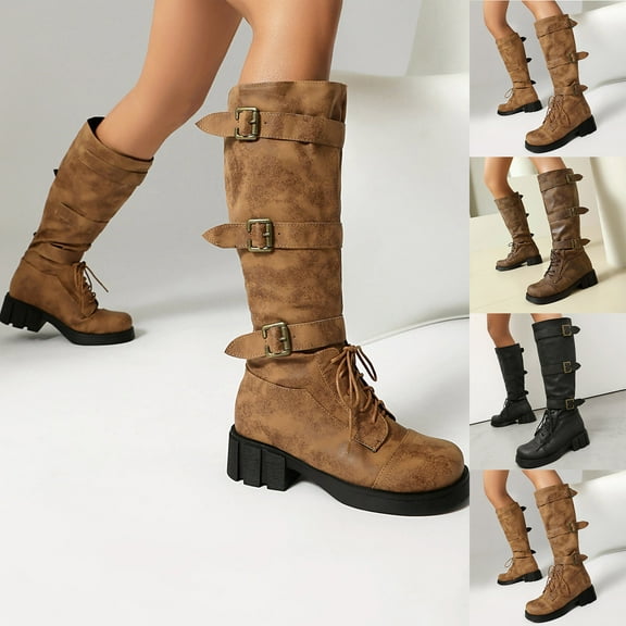 Western Cowboy High Boots Thick Heel Lace-Up Stylish Casual Footwear for Fall Winter Fashion