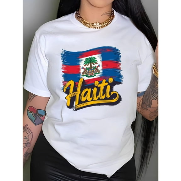 Haiti Pattern for Womens Cozy Tops Fashion Graphic Tees Short Sleeve Cotton T-shirts White,5XL