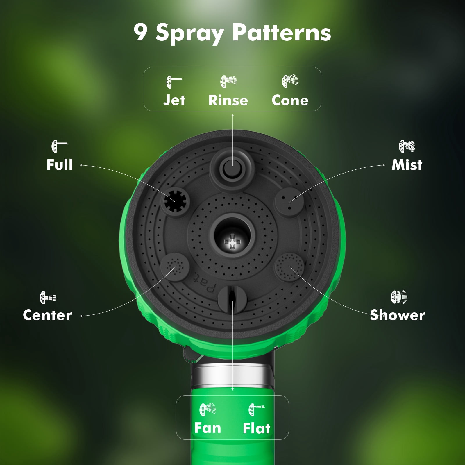Restmo 100% Metal Heavy Duty Garden Hose Nozzle, 9 Spray Patterns, Patent 2-Way Water Patterns, Leak-Proof Thumb Control for Lawn & Yard Watering