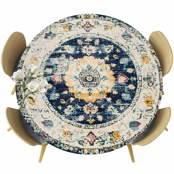 Boho Round Tablecloth 55-60 Inch Round Fitted Table Cloth with Elastic Edge, Southwestern Ethnic Vintage Artwork Abstract Waterproof Table Cover Protector for Outdoor Picnic Party Dining