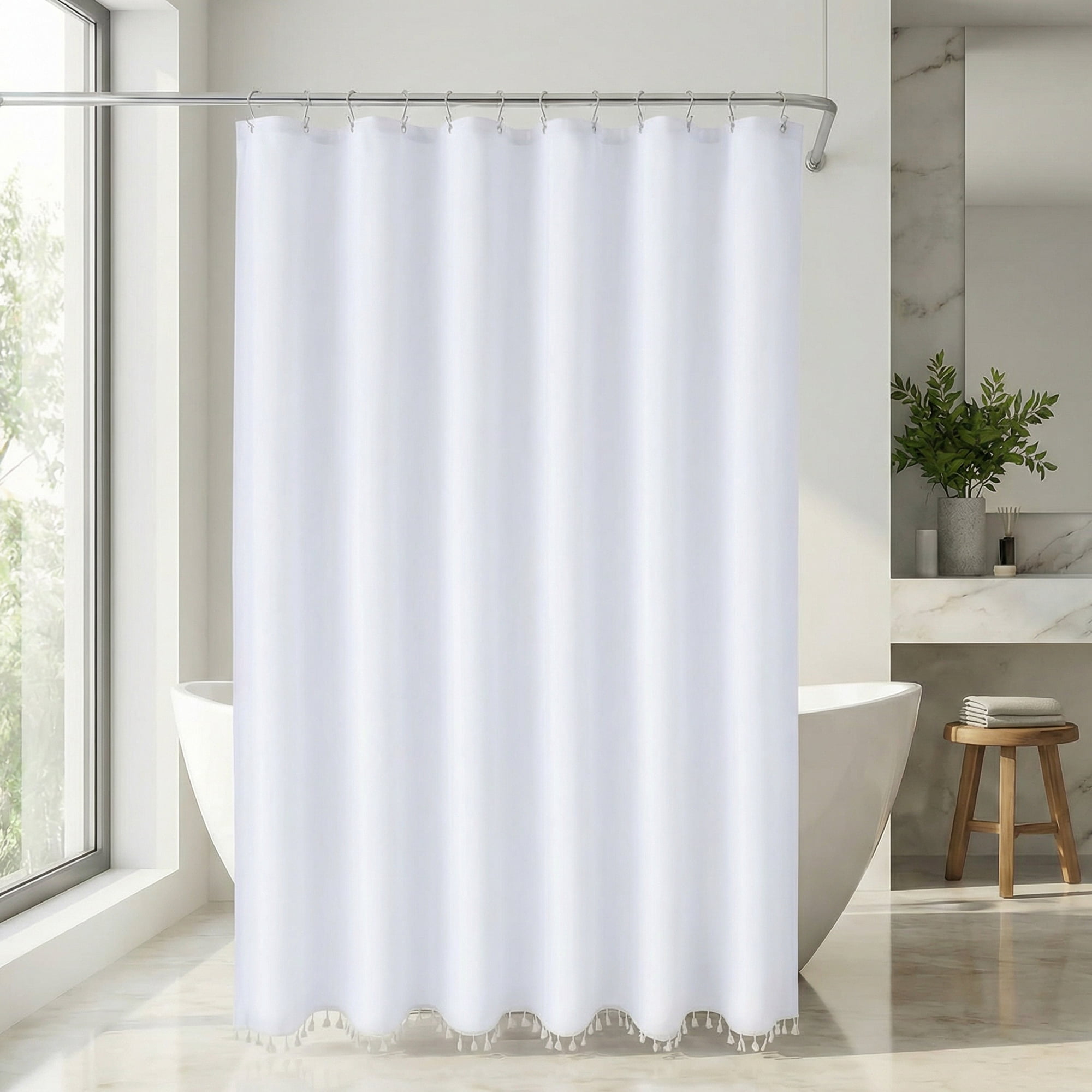 Unique Bargains Solid Trimmed Shower Curtain Sets with 12 Hooks White 71"W x 71"L