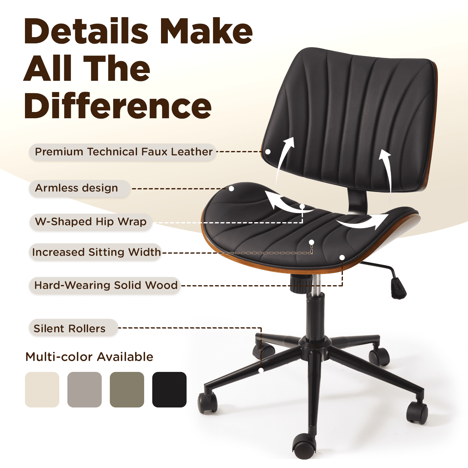 Erinnyees Wooden Office Desk Chair, Modern Armless Chairs, Armless, Adjustable Height, with Swivel Wheels for Small Spaces, Black