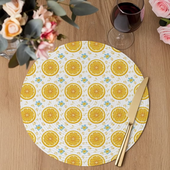 Yellow Lemon Rounds Round Braided Placemats Set of 2, Summer Fruit Rustic Floral Minimalist Heat Insulation Place Mats Washable Non-Slip Table Mats for Kitchen Dining Party, 15 Inches