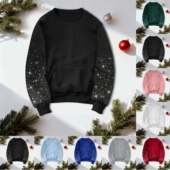 Kaprioy Crew Neck Sweatshirts Women Rhinestone Decoration Christmas Pullover Oversized Fall Fashion Winter Going Out Tops Black, XL