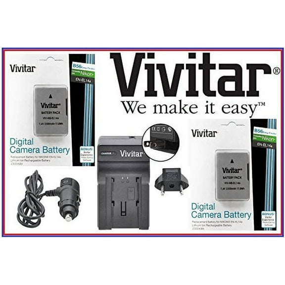 Hi Cap Vivitar 2-Pcs 2300 mAh EN-EL14a Li-Ion Battery & Quick Charger For Nikon