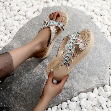 

cllios Sandals for Women Flat Slides Bohemia Summer Beach Sandal with Pearls Across The Top Cross Strap Slip on Sandal