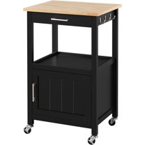 HYJY Small Kitchen Island on Wheels with Wood Top and Drawer, Trolley Cart with Open Shelf and Storage Cabinet for Dining Room, 22x18x35 Inches, Black