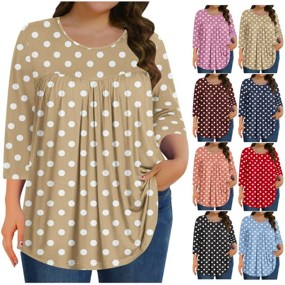 Jsaierl Women's 3/4 Length Sleeve Tops Plus Size Crew Neck Shirts Dressy Polka Dot Ladies Blouses Workout Cotton Tunic Top L-5XL