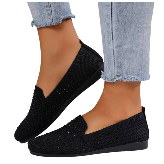 Womens Breathable Mesh Slip On Ballet Flat Shoes Rhinestone Wide Width Closed Toe Knit Casual Dress Non Slip Work Shoes