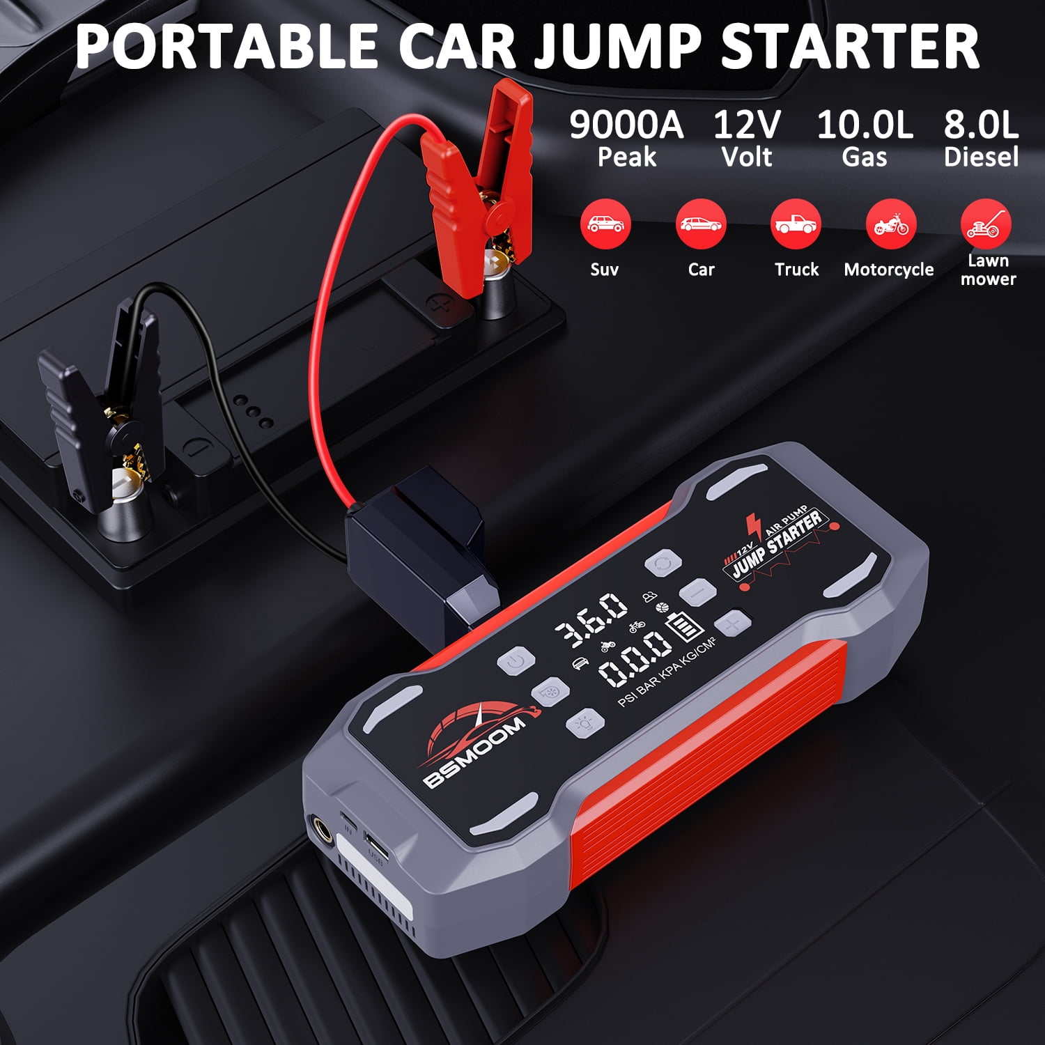 BSMOOM 9000A Car Jump Starter with Air Compressor, 12V Portable Car Battery Jump Box Power Pack with 150PSI Tire Inflator & LCD Display, LED Light, Jumper Cable (Up to 10L Gasoline/8L Diesel Engine)