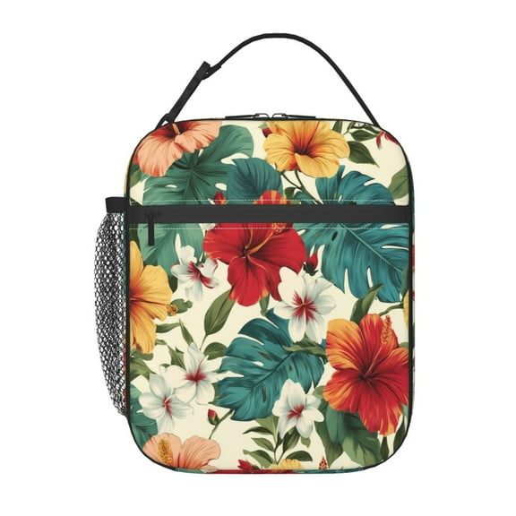 Palm Leaves Hibiscus Flowers Lunch Bag for Office Women – Stylish Thermal Insulated Tote with Shoulder Strap, Lightweight for Work or Travel