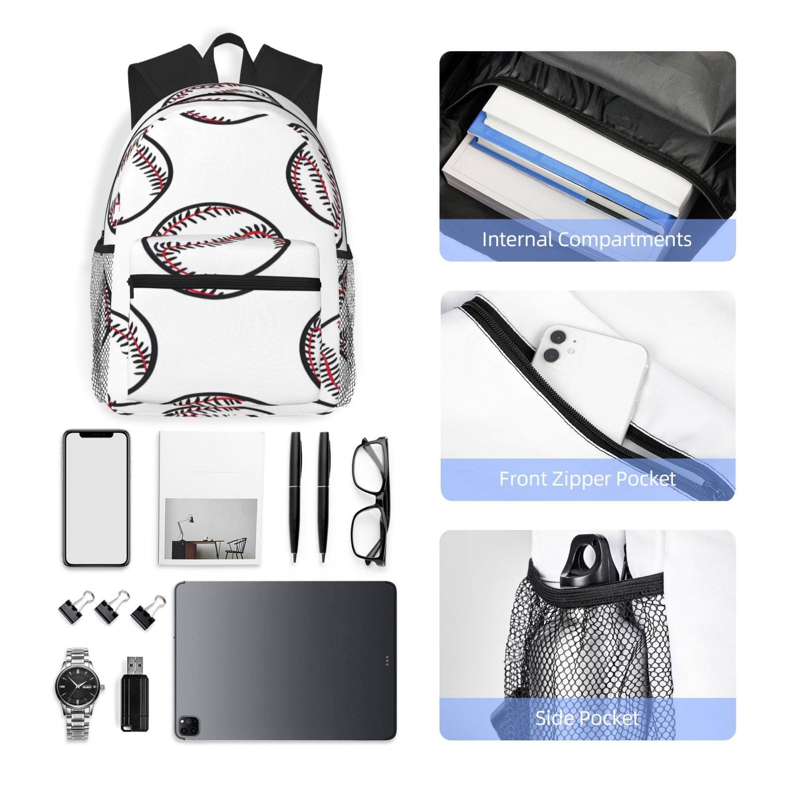 Casual Backpack Water Resistant Lightweight Daypack For Work Travel Hiking Camping Laptop Compartment & Side Mesh Pockets Baseball Theme Sporty Dynamic Style