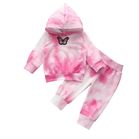 

Toddler Baby Hoodie Set Boy Girl Fall Winter Tie Dye Butterfly Velvet Hooded Sweatshirt Long Pants Tracksuit Outfit