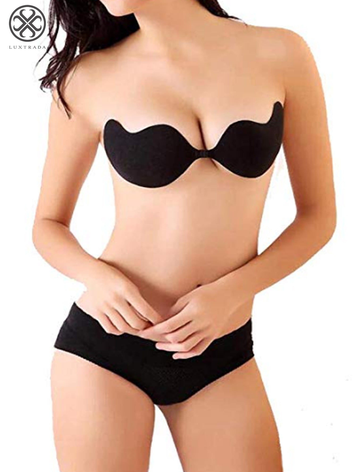 Luxtrada Strapless Sticky Bra Self Adhesive Backless Push Up Bra Reusable Invisible  Silicone Bras for Women Black,A Cup 