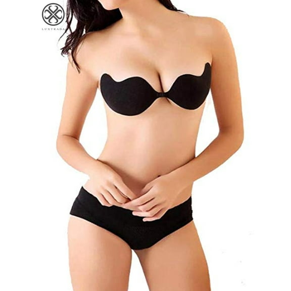 Luxtrada Strapless Sticky Bra Self Adhesive Backless Push Up Bra Reusable Invisible Silicone Bras for Women "Black,A Cup"
