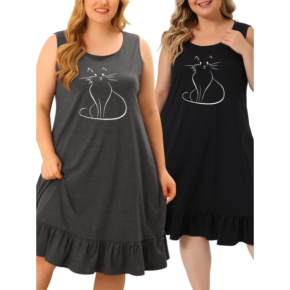 NOMADIC NOOK Women's Plus Size Sleepdress Sleeveless Comfy Lovely Cat 2 Packs Nightdress