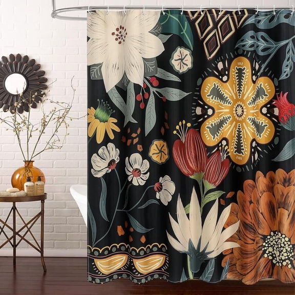 Extra Long Boho Floral Shower Curtain 72 x 84, Chic Elegant Bathroom Shower Curtain with Tropical Leaves, XL Rustic Flower Shower Curtains for Vintage Bathroom Decor