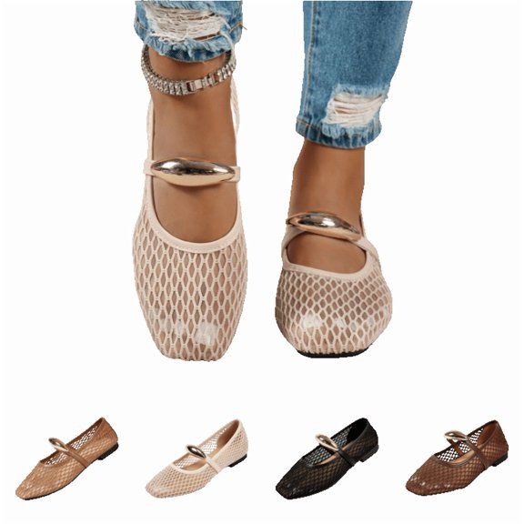 LTTVQM Mary Jane Shoes Women Woven Hollow Out Closed Square Ballet Flats Dressy Casual Comfortable Work Walking Shoes Beige 36(US-5.5)