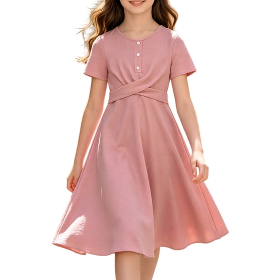 MEZZALL Elegant Solid Color Girls Dress With Short Sleeves Waist Definition And Flared Skirt And Daily Wear Fashionable Dresses