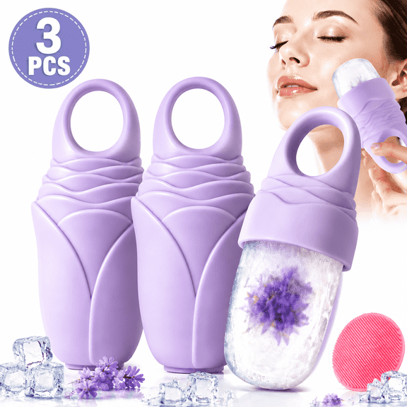 3 Pcs Facial Ice Roller Silicone Mold Reusable for Face Women and Eye Neck Cold Skin Care Tools Freezer De Puff Eye Bags Reduce Migraine Pain Purple