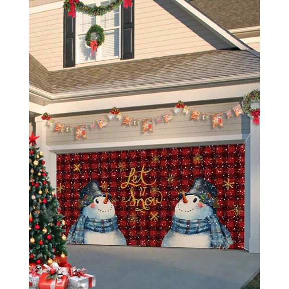 Garage Door Banner Cover 7 x 8 ft, Let it Snow Christmas Snowman Snowflake Red Black Plaid Christmas Garage Door Decorations Holiday Christmas Backdrop Decor for Winter New Year Xmas Party